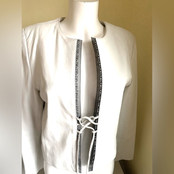 White Real lamb leather blazer Jacket Black Chiphon Trim With Rhinestones Eur L - Picture 5 of 13